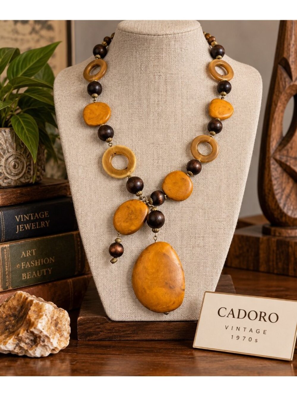 Vintage Cadoro Signed Chunky Wood Bead Statement Necklace 1970s Boho Mod